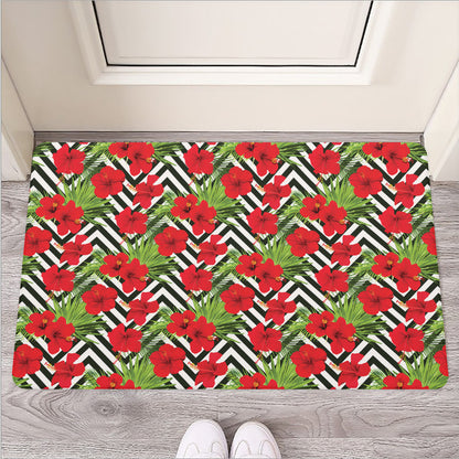 Red Hibiscus Chevron Pattern Print Rubber Doormat