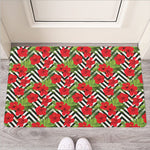 Red Hibiscus Chevron Pattern Print Rubber Doormat