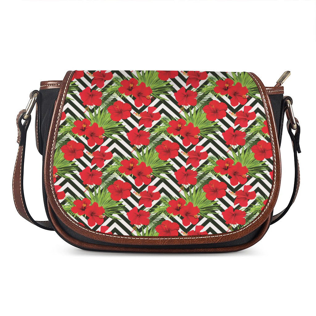 Red Hibiscus Chevron Pattern Print Saddle Bag