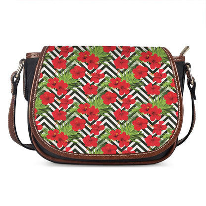 Red Hibiscus Chevron Pattern Print Saddle Bag