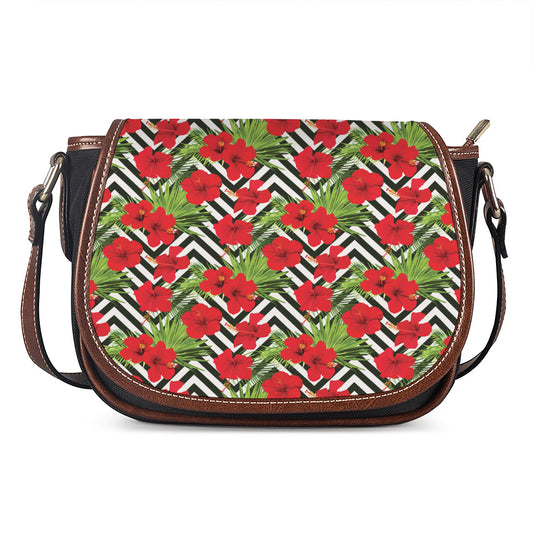 Red Hibiscus Chevron Pattern Print Saddle Bag