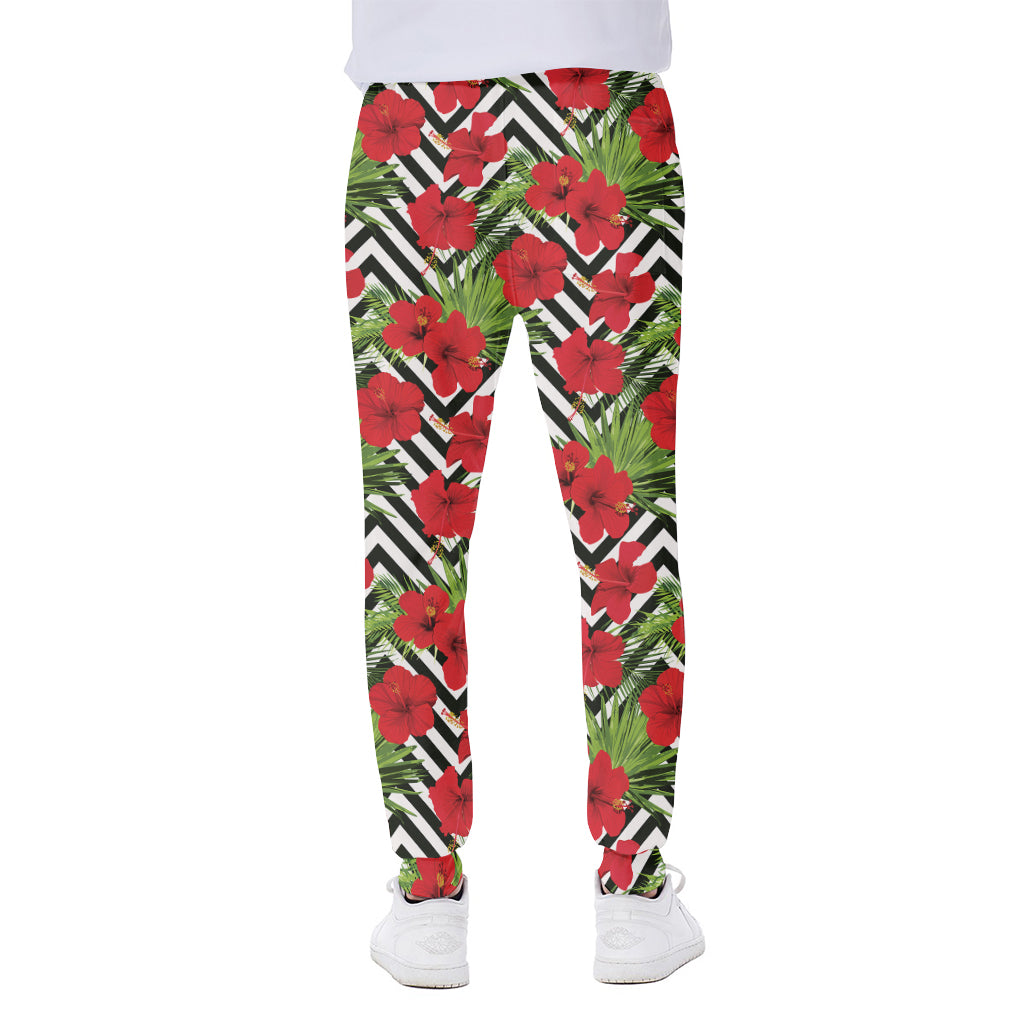 Red Hibiscus Chevron Pattern Print Scuba Joggers