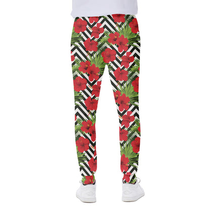 Red Hibiscus Chevron Pattern Print Scuba Joggers