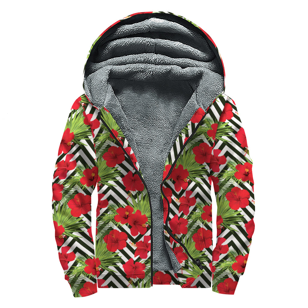 Red Hibiscus Chevron Pattern Print Sherpa Lined Zip Up Hoodie