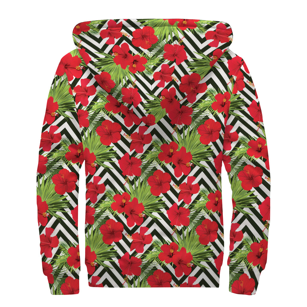 Red Hibiscus Chevron Pattern Print Sherpa Lined Zip Up Hoodie