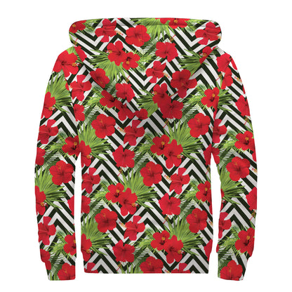 Red Hibiscus Chevron Pattern Print Sherpa Lined Zip Up Hoodie