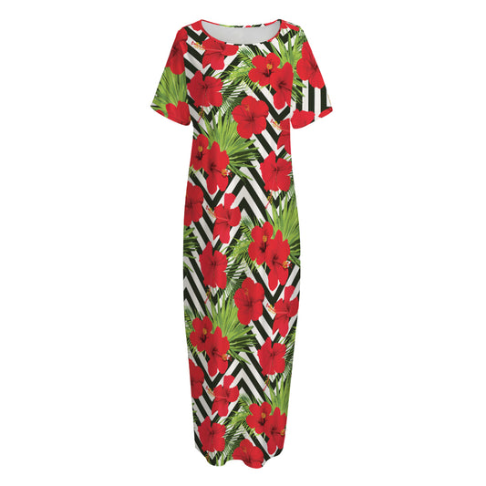 Red Hibiscus Chevron Pattern Print Short Sleeve Long Nightdress