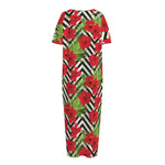 Red Hibiscus Chevron Pattern Print Short Sleeve Long Nightdress