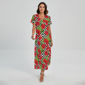 Red Hibiscus Chevron Pattern Print Short Sleeve Maxi Dress