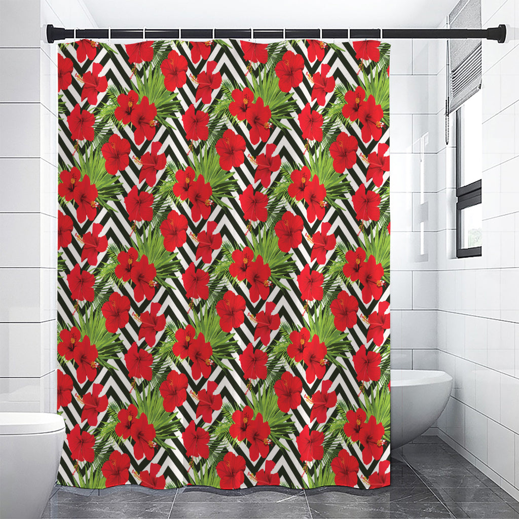 Red Hibiscus Chevron Pattern Print Shower Curtain