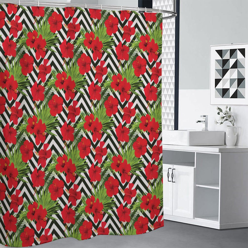 Red Hibiscus Chevron Pattern Print Shower Curtain