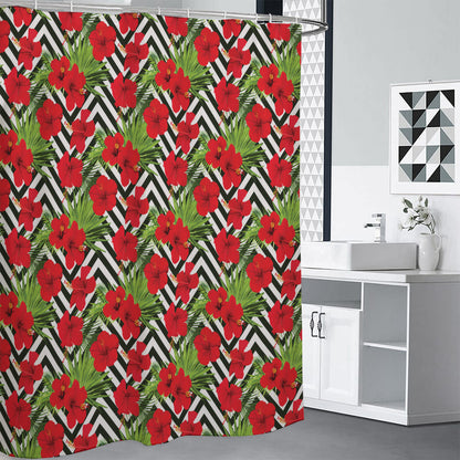 Red Hibiscus Chevron Pattern Print Shower Curtain