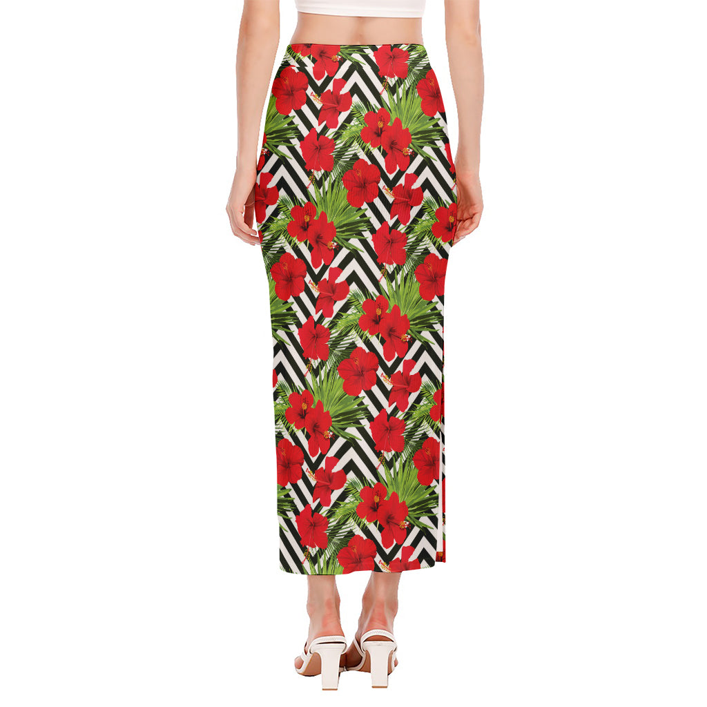 Red Hibiscus Chevron Pattern Print Side Slit Maxi Skirt