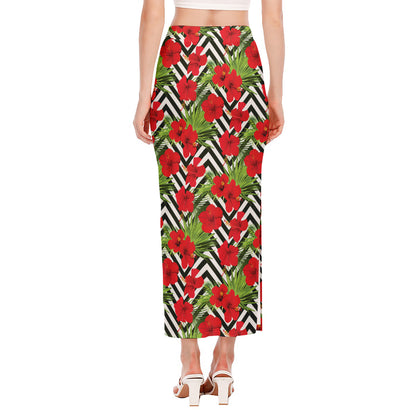 Red Hibiscus Chevron Pattern Print Side Slit Maxi Skirt