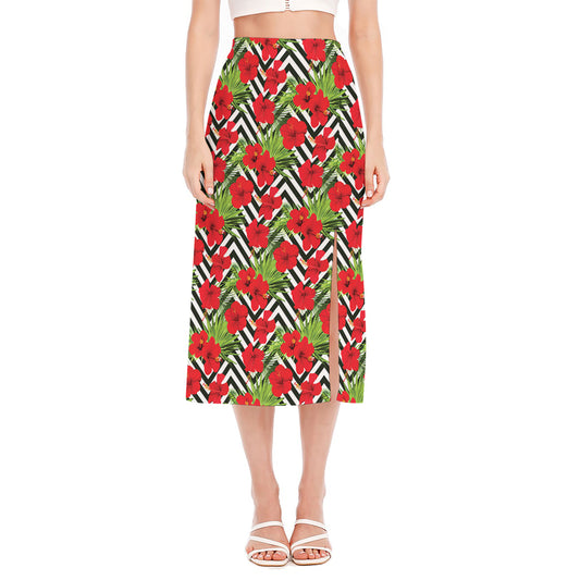 Red Hibiscus Chevron Pattern Print Side Slit Midi Skirt