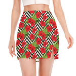 Red Hibiscus Chevron Pattern Print Side Slit Mini Skirt