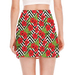 Red Hibiscus Chevron Pattern Print Side Slit Mini Skirt