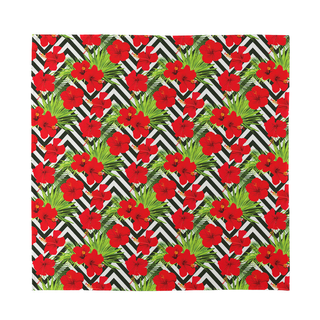 Red Hibiscus Chevron Pattern Print Silk Bandana