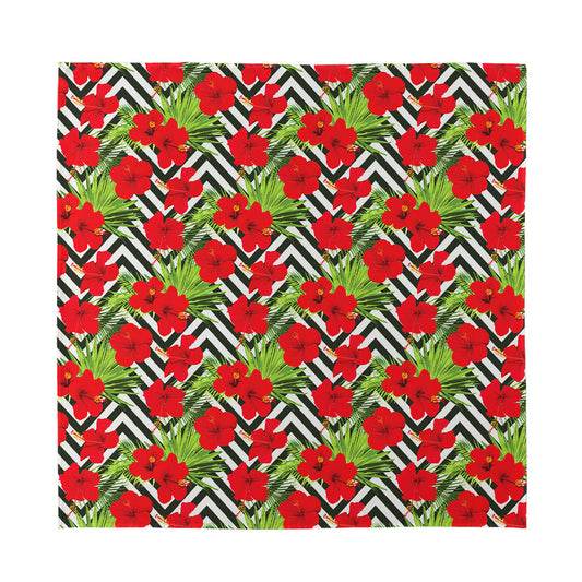 Red Hibiscus Chevron Pattern Print Silk Bandana