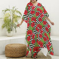 Red Hibiscus Chevron Pattern Print Silk V-Neck Kaftan Dress