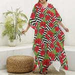 Red Hibiscus Chevron Pattern Print Silk V-Neck Kaftan Dress