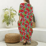Red Hibiscus Chevron Pattern Print Silk V-Neck Kaftan Dress