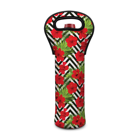 Red Hibiscus Chevron Pattern Print Single Neoprene Wine Tote