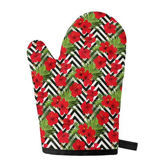Red Hibiscus Chevron Pattern Print Single Oven Mitt