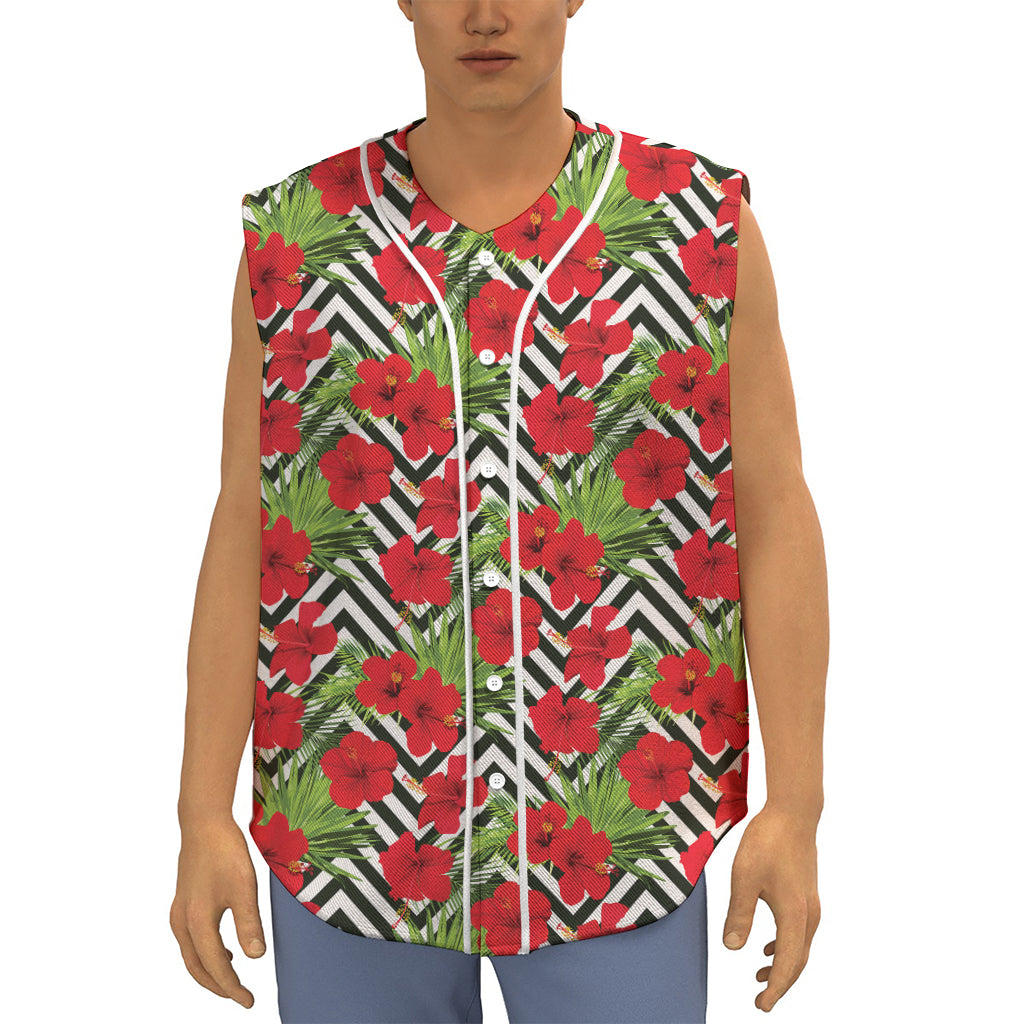 Red Hibiscus Chevron Pattern Print Sleeveless Baseball Jersey