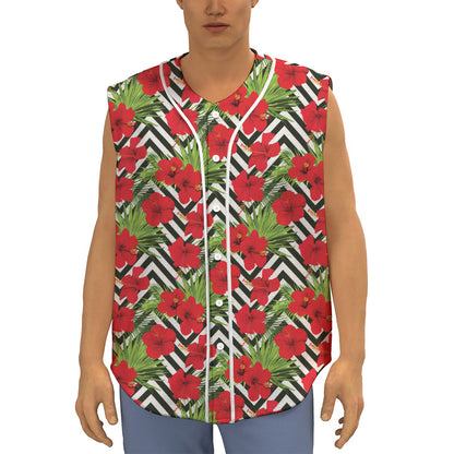 Red Hibiscus Chevron Pattern Print Sleeveless Baseball Jersey