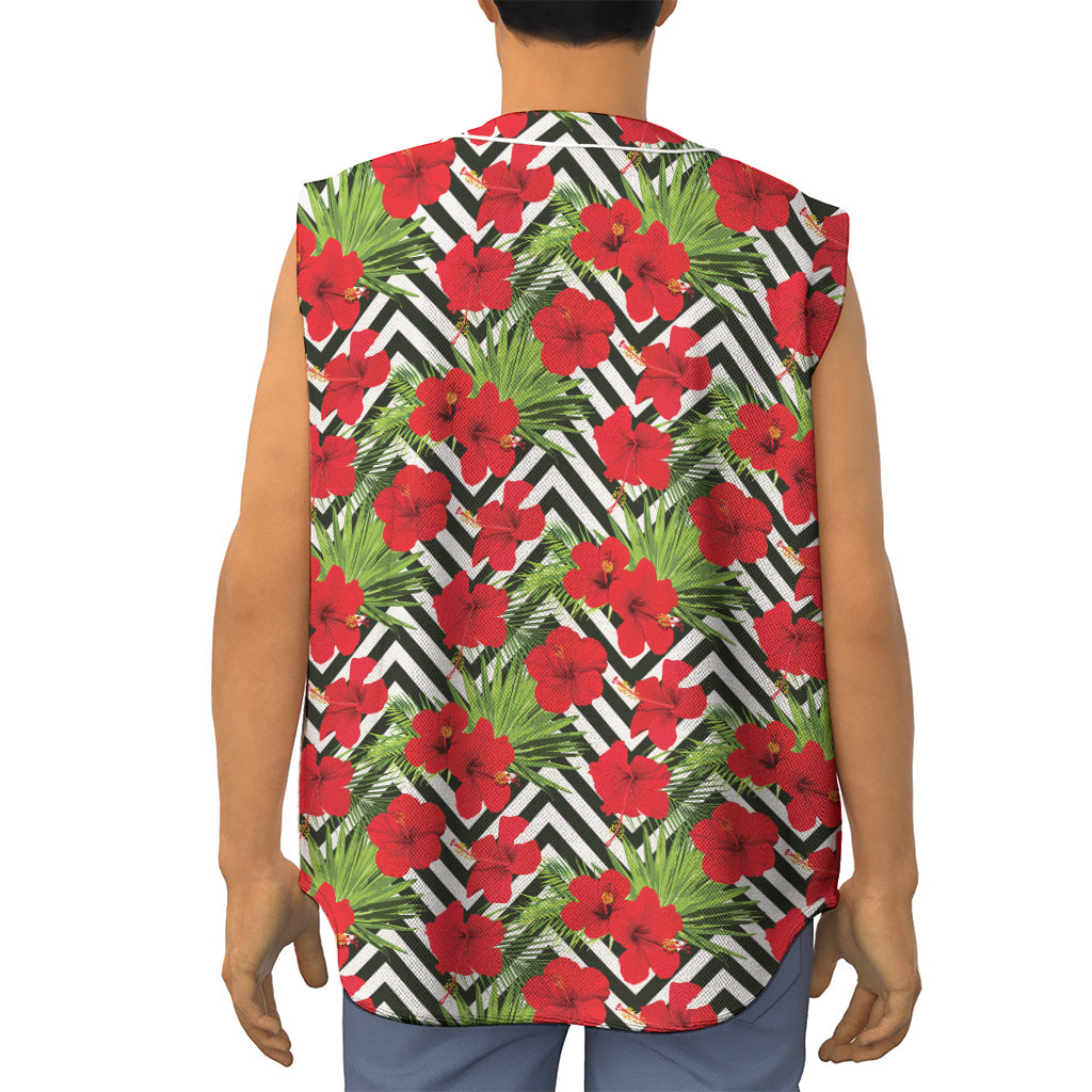 Red Hibiscus Chevron Pattern Print Sleeveless Baseball Jersey