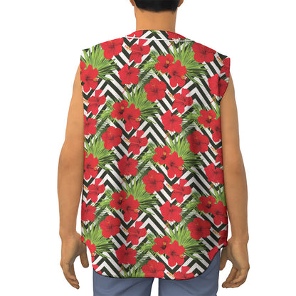 Red Hibiscus Chevron Pattern Print Sleeveless Baseball Jersey
