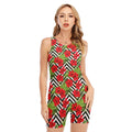 Red Hibiscus Chevron Pattern Print Sleeveless One Piece Swimsuit