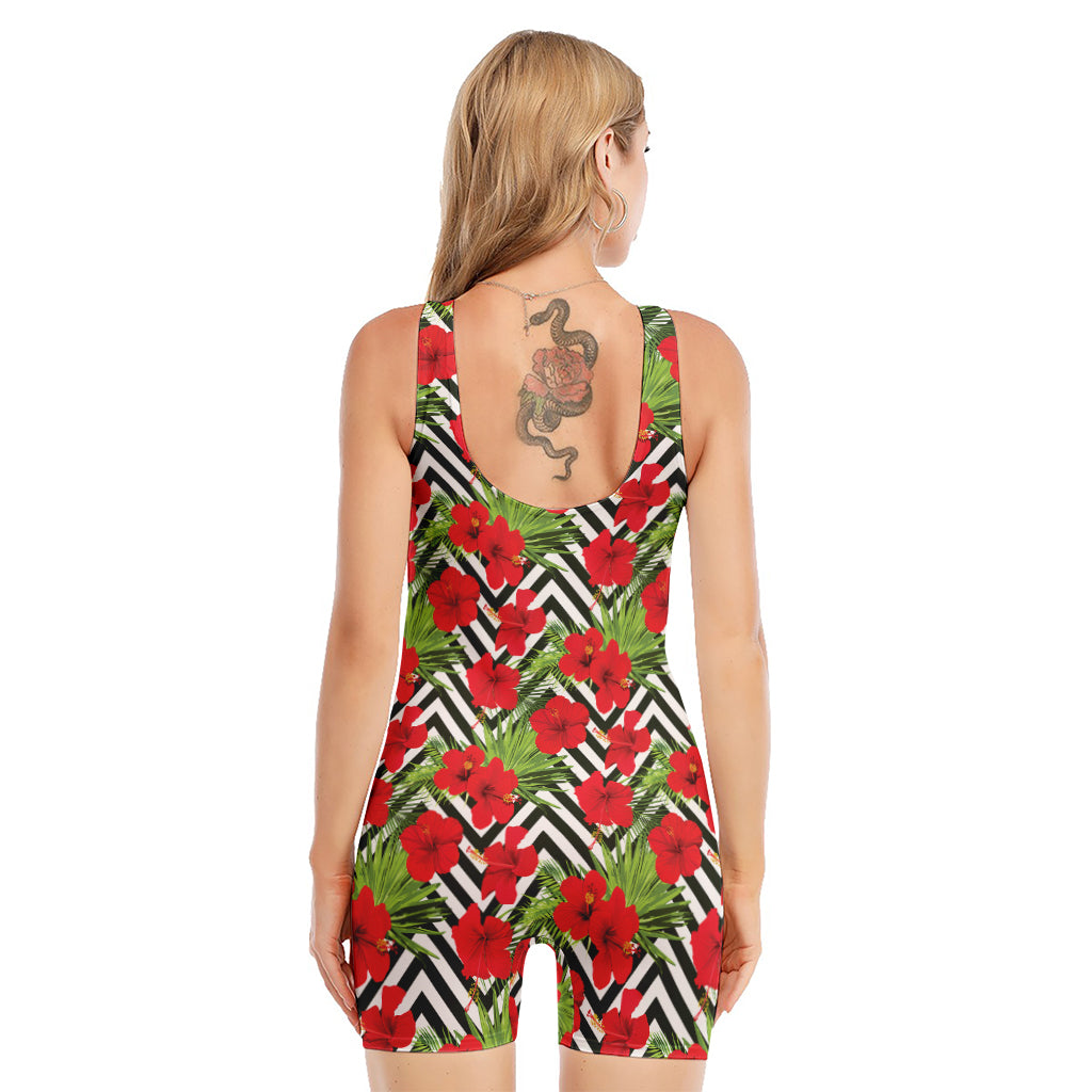 Red Hibiscus Chevron Pattern Print Sleeveless One Piece Swimsuit