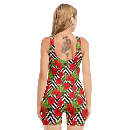 Red Hibiscus Chevron Pattern Print Sleeveless One Piece Swimsuit