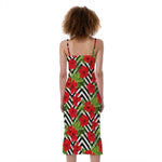 Red Hibiscus Chevron Pattern Print Slim Fit Midi Cami Dress