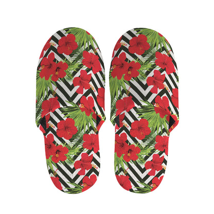 Red Hibiscus Chevron Pattern Print Slippers