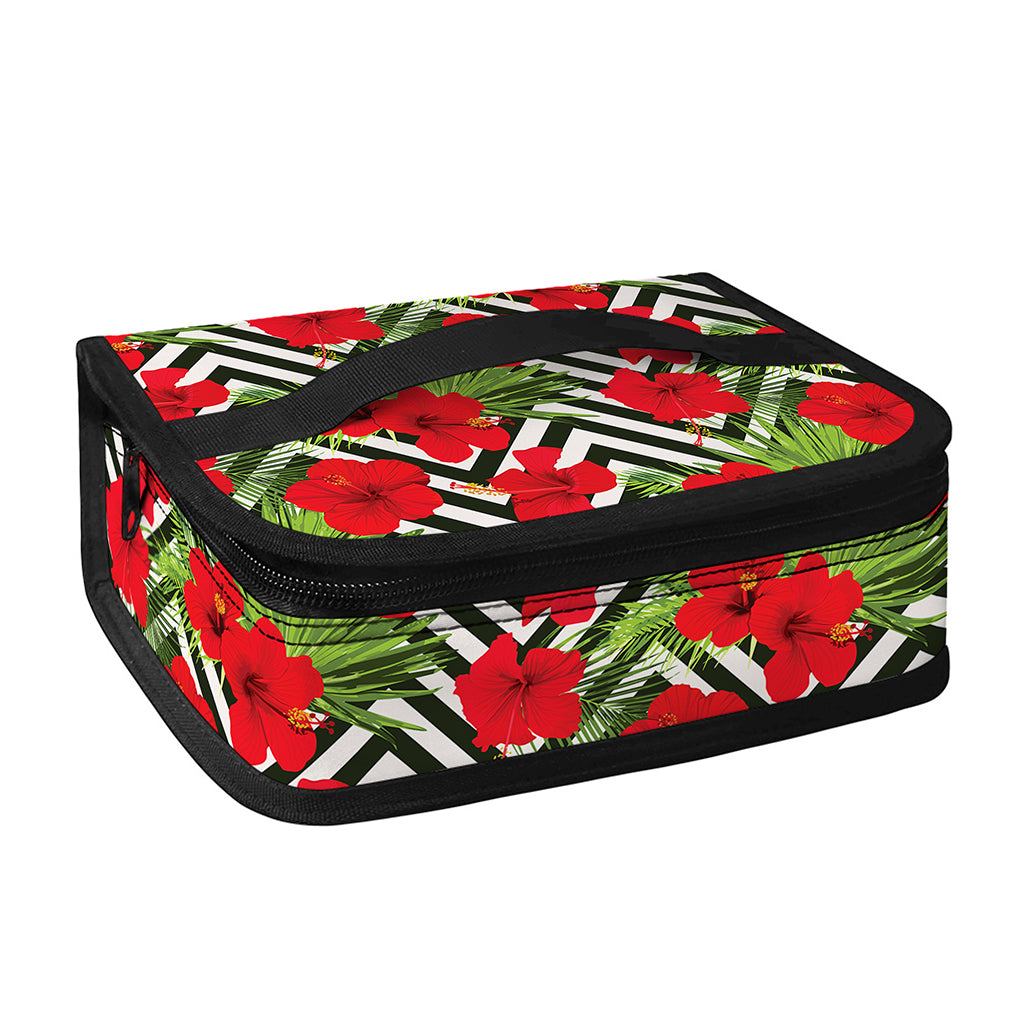Red Hibiscus Chevron Pattern Print Small Lunch Bag