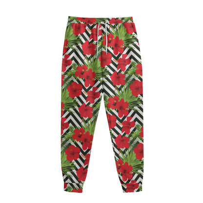 Red Hibiscus Chevron Pattern Print Sweatpants
