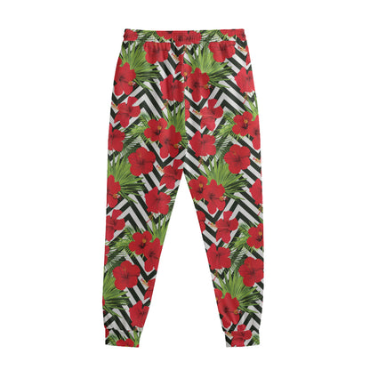 Red Hibiscus Chevron Pattern Print Sweatpants