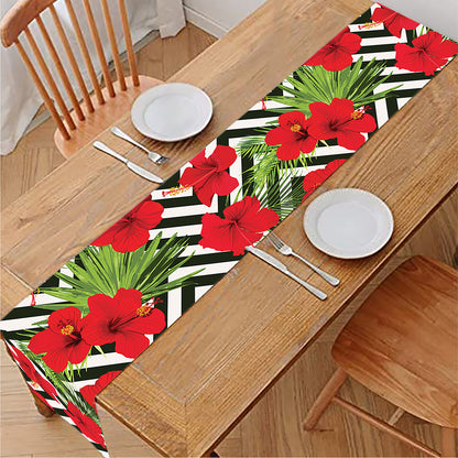 Red Hibiscus Chevron Pattern Print Table Runner