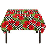 Red Hibiscus Chevron Pattern Print Tablecloth