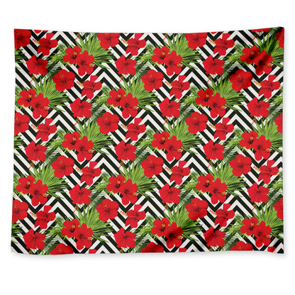 Red Hibiscus Chevron Pattern Print Tapestry