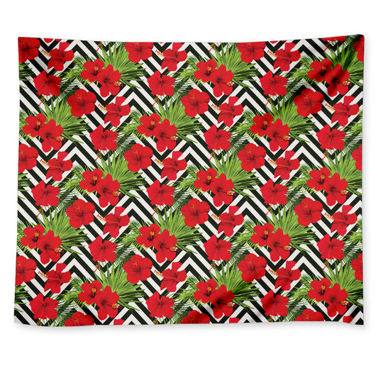 Red Hibiscus Chevron Pattern Print Tapestry