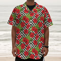 Red Hibiscus Chevron Pattern Print Textured Short Sleeve Shirt