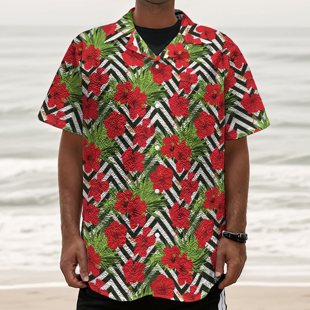 Red Hibiscus Chevron Pattern Print Textured Short Sleeve Shirt