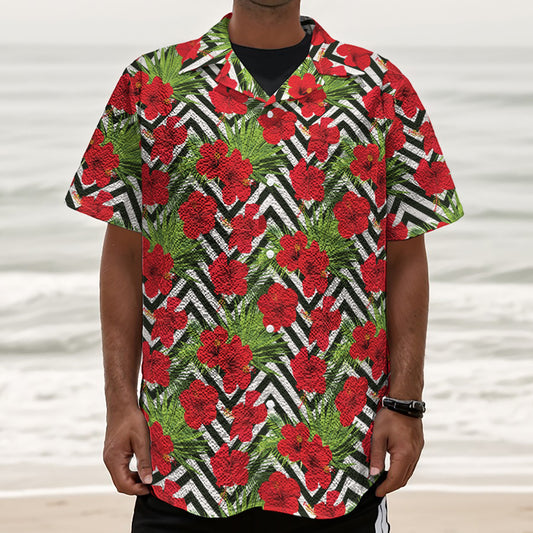 Red Hibiscus Chevron Pattern Print Textured Short Sleeve Shirt
