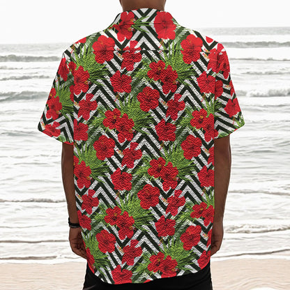 Red Hibiscus Chevron Pattern Print Textured Short Sleeve Shirt