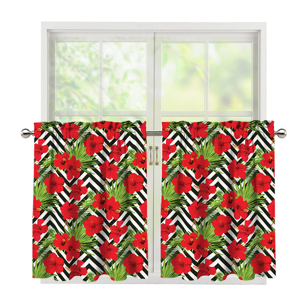 Red Hibiscus Chevron Pattern Print Tier Curtains