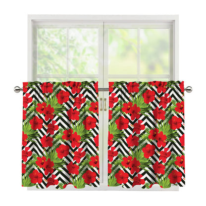 Red Hibiscus Chevron Pattern Print Tier Curtains